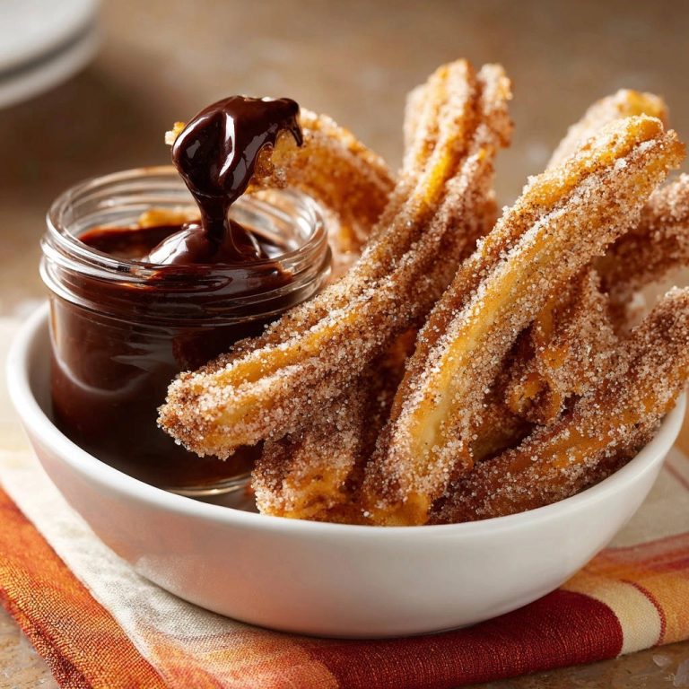 Hausgemachte Churros mit feiner Schokosauce, ein Churro wird in die dunkle Schokoladensauce getunkt, Nahaufnahme