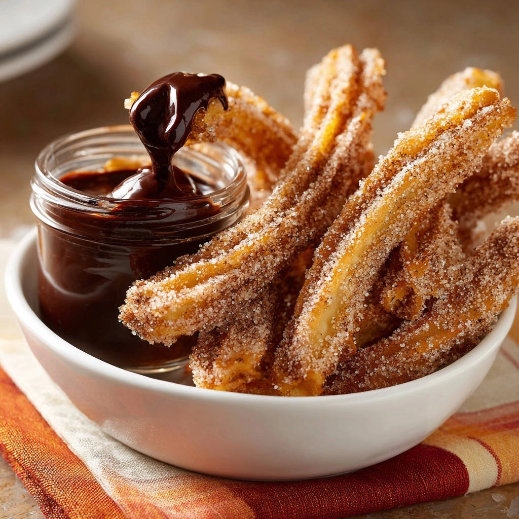 Hausgemachte Churros mit feiner Schokosauce, ein Churro wird in die dunkle Schokoladensauce getunkt, Nahaufnahme