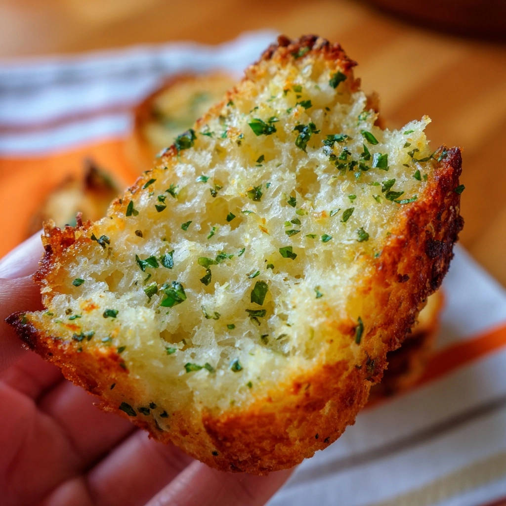Hausgemachtes Knoblauchbrot Querschnitt Mit Kraeutern 1 Hausgemachtes Knoblauchbrot im Querschnitt mit knuspriger Kruste und fluffiger Mitte, bestreut mit frischen Kräutern.