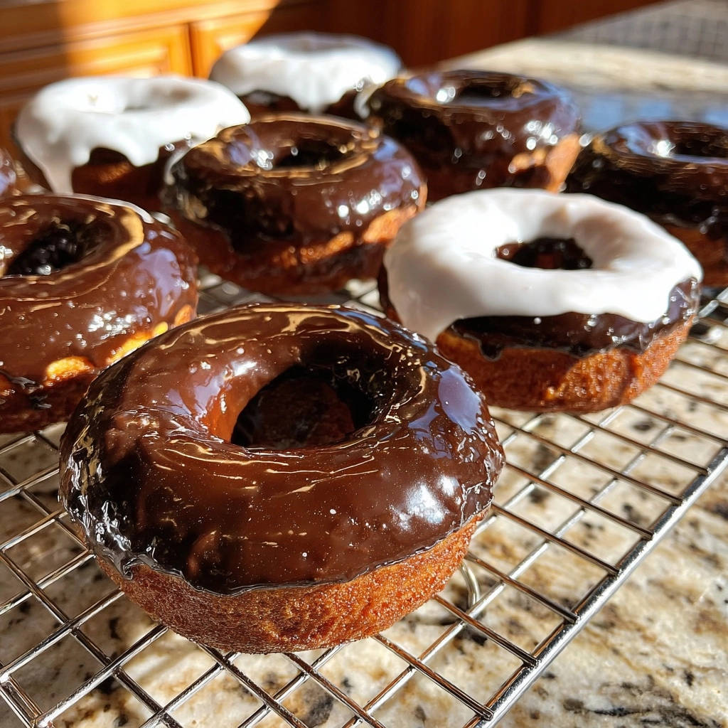 Hefe Donuts Auf Kuehlgitter 1 Hausgemachte Hefe-Donuts mit Schokoladen- und weißer Glasur, die auf einem silbernen Kühlgitter angeordnet sind.