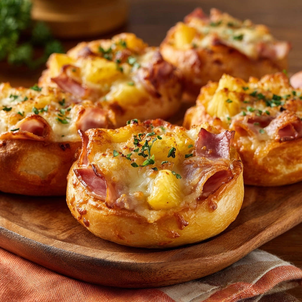 Herzhafte Ananas Bacon Kse Brtchen Nahaufnahme 1 Herzhafte Ananas-Bacon-Käse Brötchen als Nahaufnahme mit geschmolzenem Käse, Ananasstücken und Speck auf einem Holzbrett.