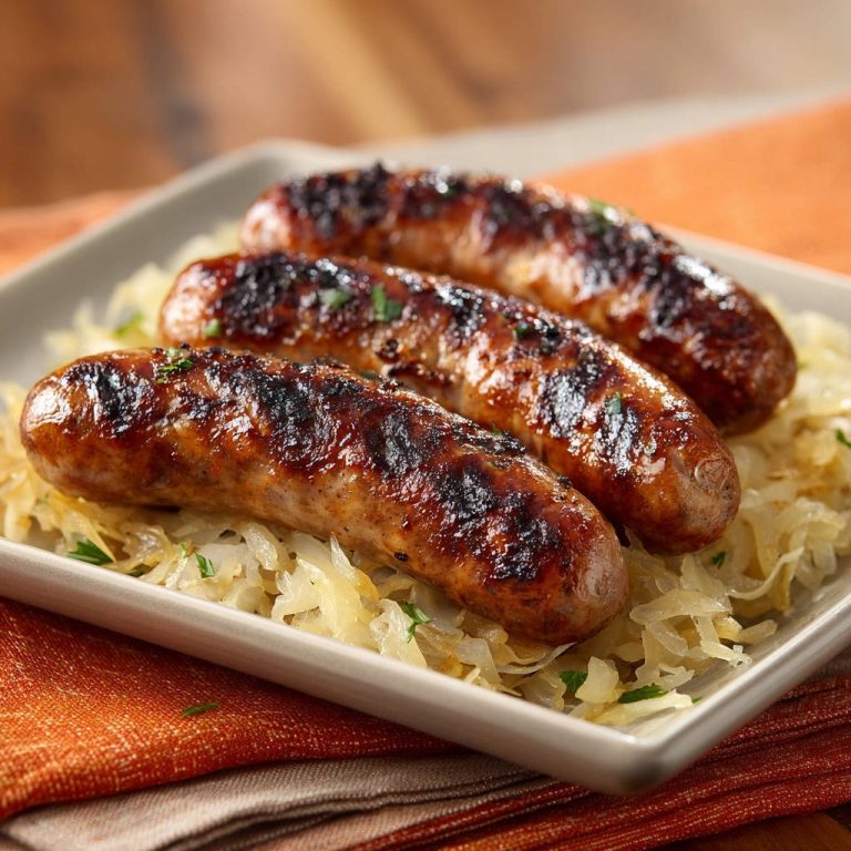Herzhafte Bratwürste auf Sauerkraut, die Hauptspeise mit drei gebratenen Würsten in Nahaufnahme auf dem Teller.