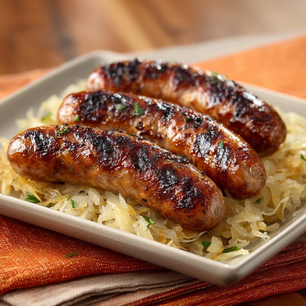Herzhafte Bratwürste auf Sauerkraut, die Hauptspeise mit drei gebratenen Würsten in Nahaufnahme auf dem Teller.