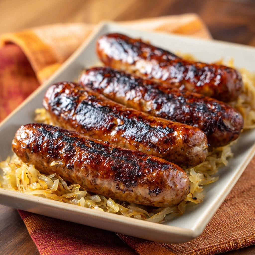 Herzhafte Bratwuerste Auf Sauerkraut Vier Wuerste Nahaufnahm 1 Herzhafte Bratwürste auf Sauerkraut, vier saftige Würste mit knuspriger Kruste werden auf einem Bett aus Sauerkraut in einer Nahaufnahme präsentiert.