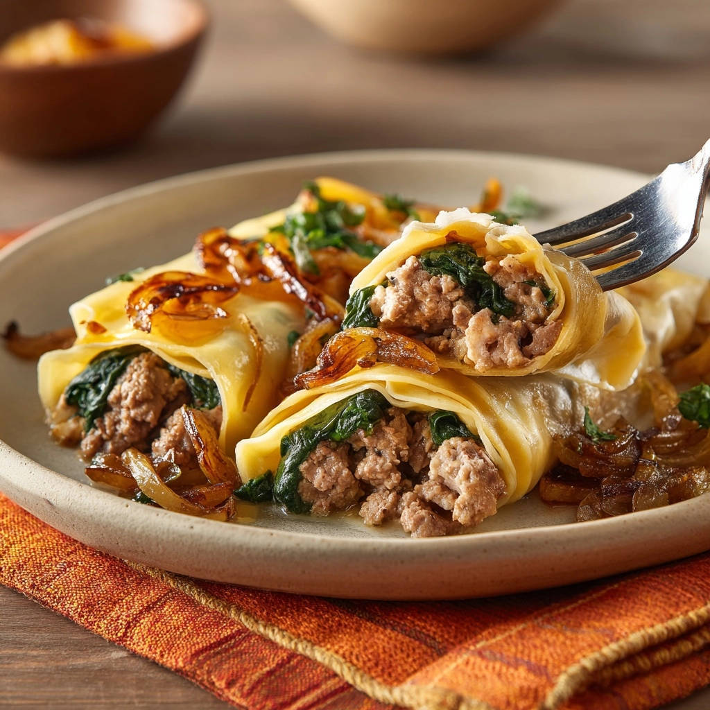 Herzhafte Crêpes mit Hackfleisch-Spinat-Füllung, auf einer Gabel angeschnitten, zeigen den saftigen Kern mit Spinat und Hackfleisch.