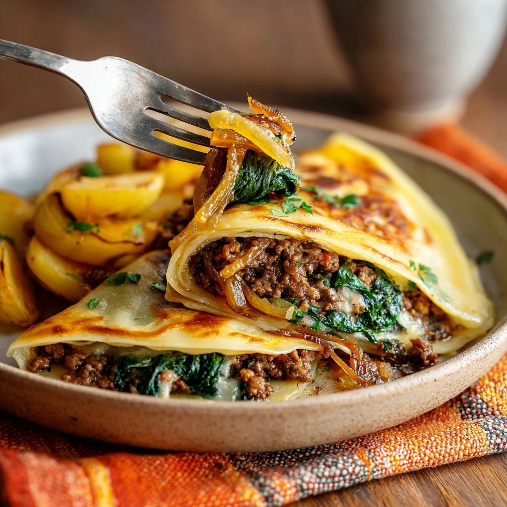 Herzhafte Crêpes mit Hackfleisch-Spinat-Füllung, auf einer Gabel aufgespießt mit Zwiebeln und Spinat, Nahaufnahme.