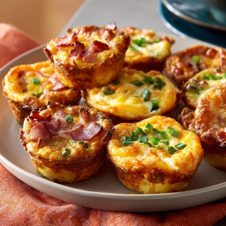 Herzhafte Ei-Muffins, nahaufnahme von den mit Schnittlauch garnierten und auf einem Teller servierten herzhaften Ei-Muffins.