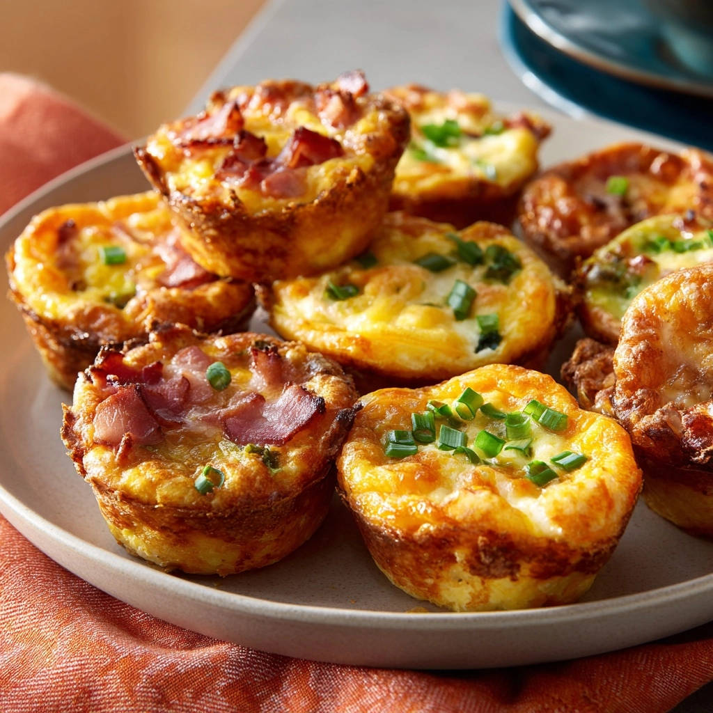 Herzhafte Ei-Muffins, nahaufnahme von den mit Schnittlauch garnierten und auf einem Teller servierten herzhaften Ei-Muffins.