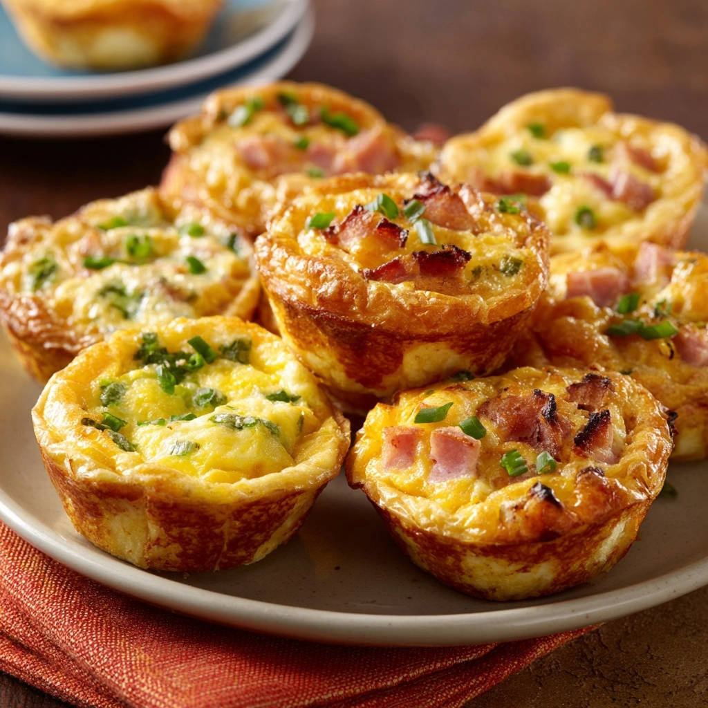 Herzhafte Ei Muffins Nahaufnahme Teller 1 Herzhafte Ei-Muffins als Nahaufnahme auf einem Teller mit frischer Petersilie und Speck garniert.