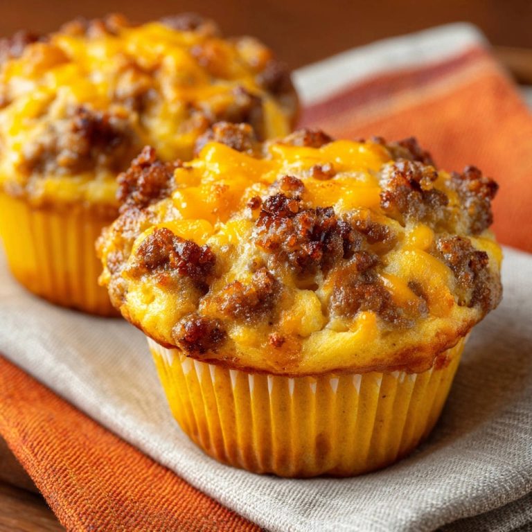 Herzhafte Frühstücksmuffins mit Käse und Wurst, nahaufnahme der saftigen Textur und dem geschmolzenen Käse.