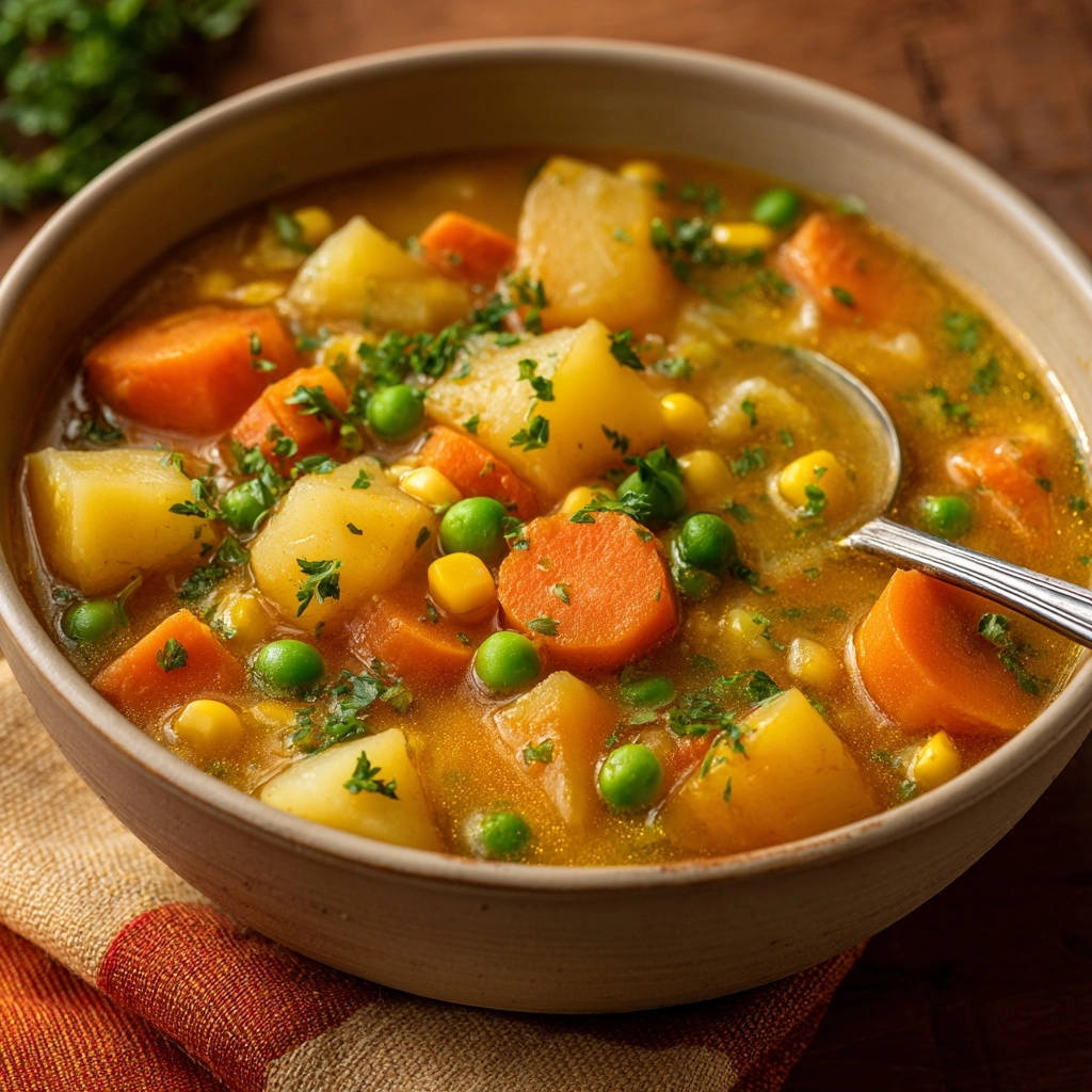 Herzhafte Gemoesesuppe Close Up Mit Loeffel 1 Herzhafte Gemüsesuppe mit festen Kartoffeln, Karotten, Erbsen und Mais, mit einem Löffel darin.