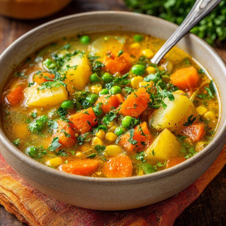 Herzhafte Gemüsesuppe als Nahaufnahme mit einer Kelle, die die Kartoffelstücke und das Gemüse hervorhebt.