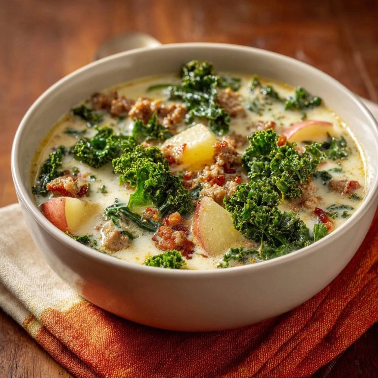 Herzhafte Grünkohl-Hack-Suppe mit Apfel und Kartoffeln, serviert in einer Schüssel, Nahaufnahme der Zutaten.