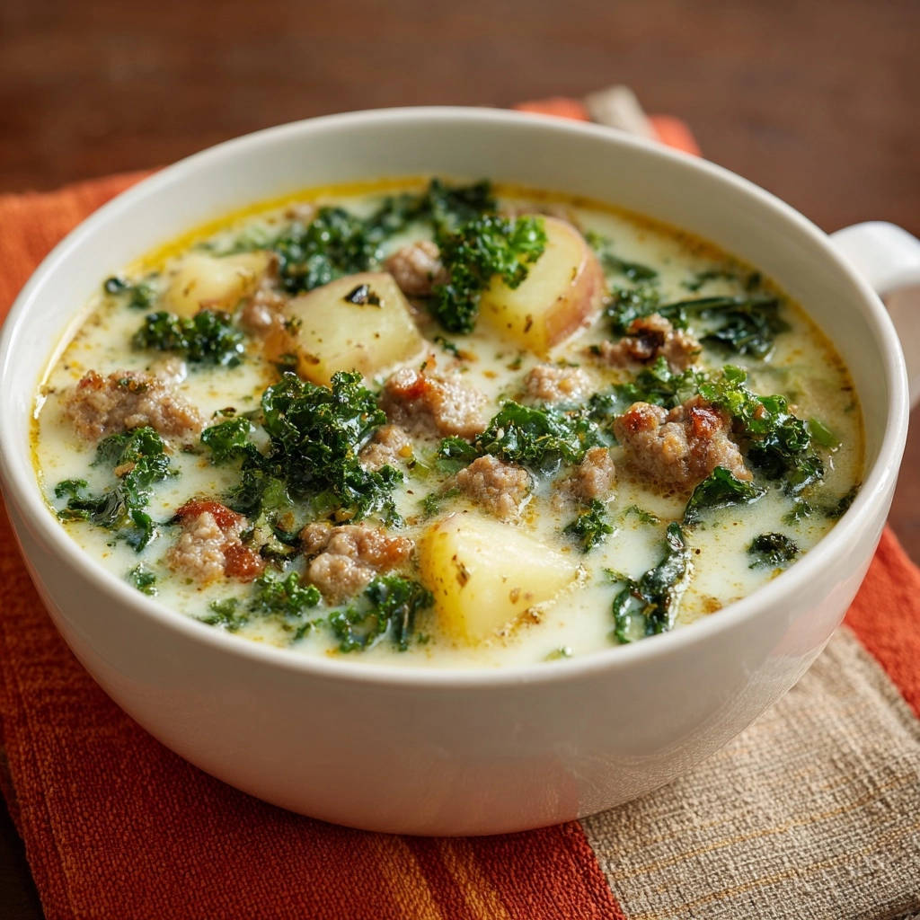 Herzhafte Grünkohl-Hack-Suppe mit Apfel, nahaufnahme der Kartoffeln und Wurst in cremiger Brühe