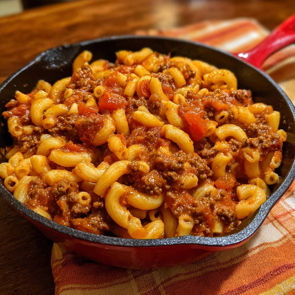 Herzhafte Hackfleisch Hornchenpfanne In Gusseisen 1 Herzhafte Hackfleisch-Hörnchenpfanne in einer gusseisernen Pfanne, nahaufnahme der servierten Nudeln mit Hackfleischsauce.