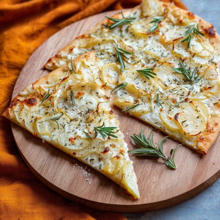 Herzhafte Kartoffel-Rosmarin-Pizza angeschnitten auf einem Holzbrett mit frischem Rosmarin garniert