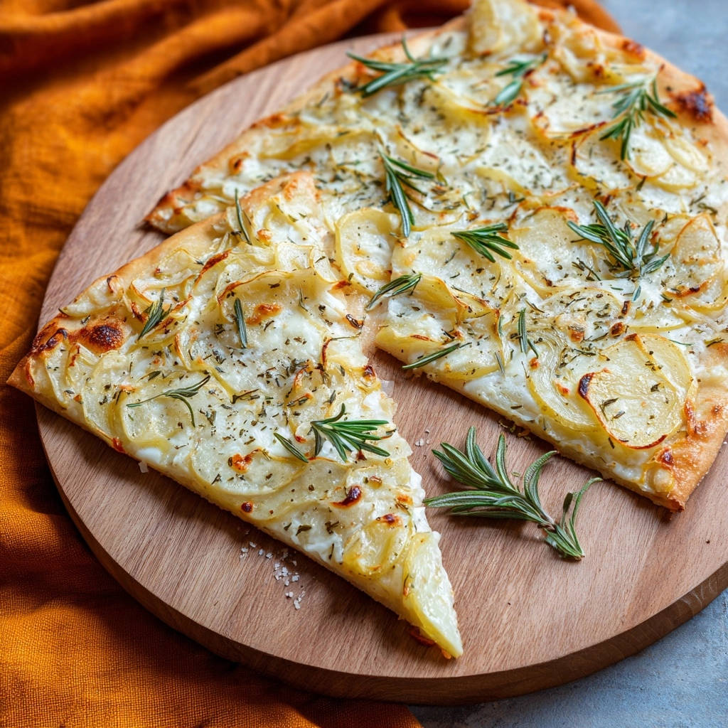 Herzhafte Kartoffel-Rosmarin-Pizza angeschnitten auf einem Holzbrett mit frischem Rosmarin garniert