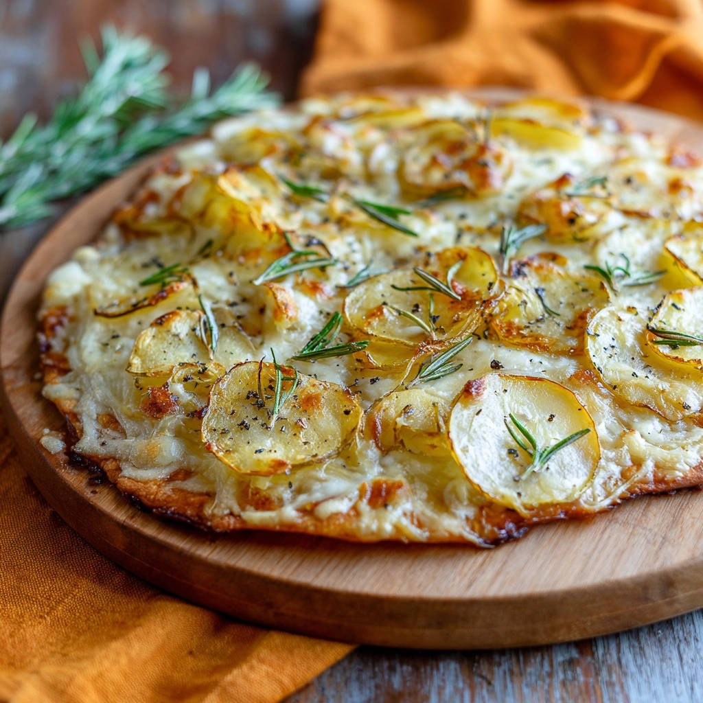 Herzhafte Kartoffel Rosmarin Pizza Detail Garnitur 1 Herzhafte Kartoffel-Rosmarin-Pizza mit frischen Kartoffelscheiben und Rosmarinnadeln, nahaufnahme der garnierten Oberfläche.