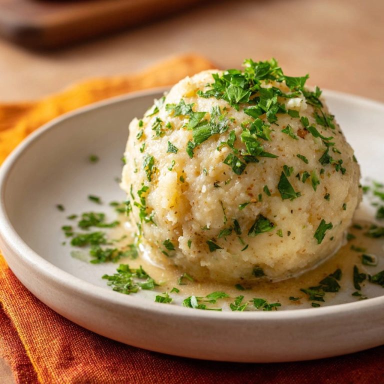 Herzhafte Kartoffelknödel, serviert auf einem Teller und garniert mit frischer Petersilie und flüssiger Butter.