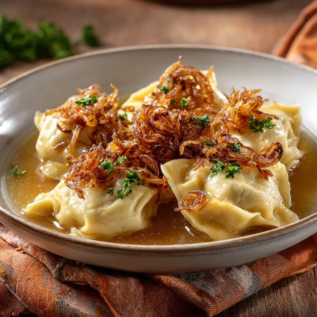 Herzhafte Maultaschen in klarer Brühe, garniert mit knusprigen Zwiebeln und Petersilie auf einem rustikalen Tuch.