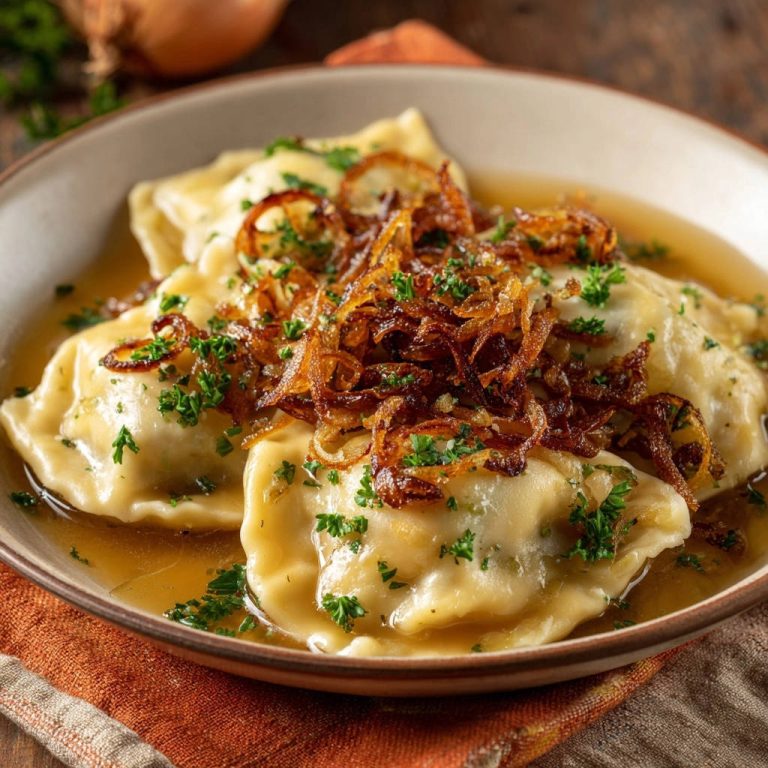Herzhafte Maultaschen in klarer Brühe, serviert mit knusprigen Röstzwiebeln und frischer Petersilie garniert.