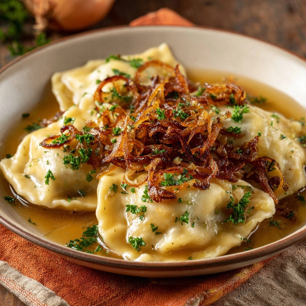 Herzhafte Maultaschen in klarer Brühe, serviert mit knusprigen Röstzwiebeln und frischer Petersilie garniert.