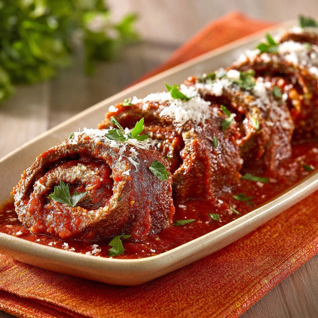 Herzhafte Rinder Hackbraten Roulade In Wuerziger Tomatensoe 1 Herzhafte Rinder-Hackbraten-Roulade in würziger Tomatensoße, angeschnitten mit sichtbarer Füllung und viel Soße.