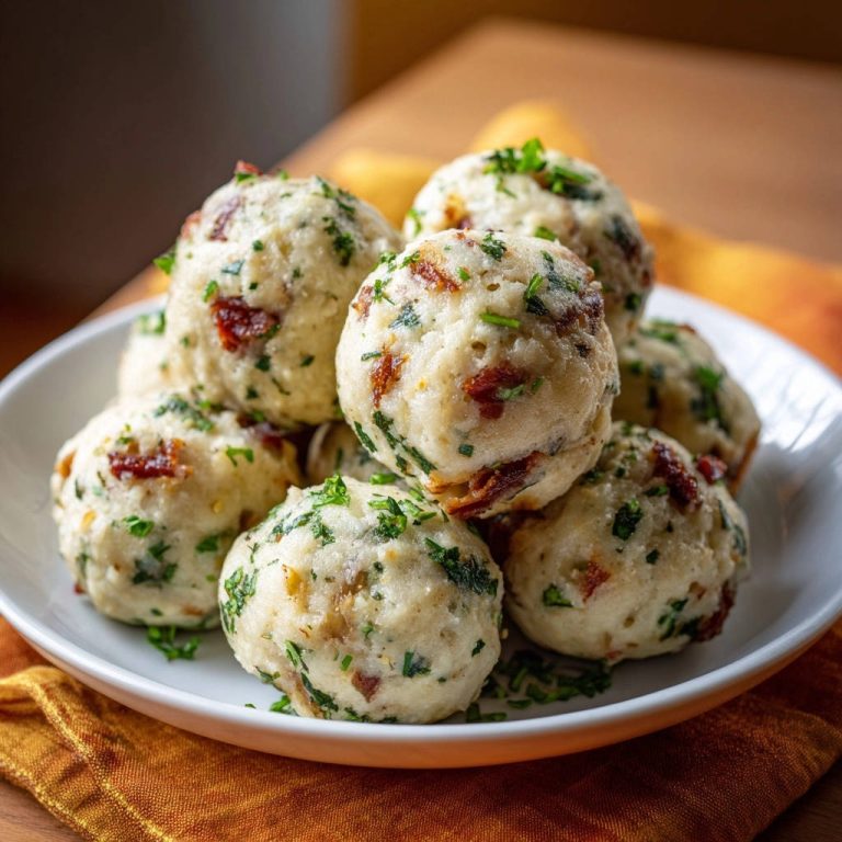 Herzhafte Speck-Kräuter-Knödel als Nahaufnahme eines Stapels auf einem Teller, garniert mit gehackter Petersilie.