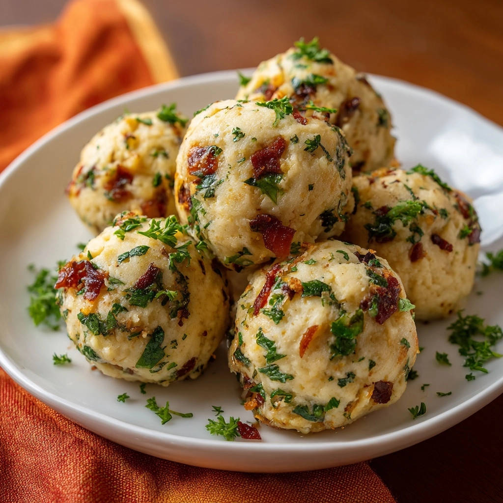 Herzhafte Speck-Kräuter-Knödel, eine Nahaufnahme von mehreren perfekt geformten Knödeln, garniert mit Speck und Petersilie.