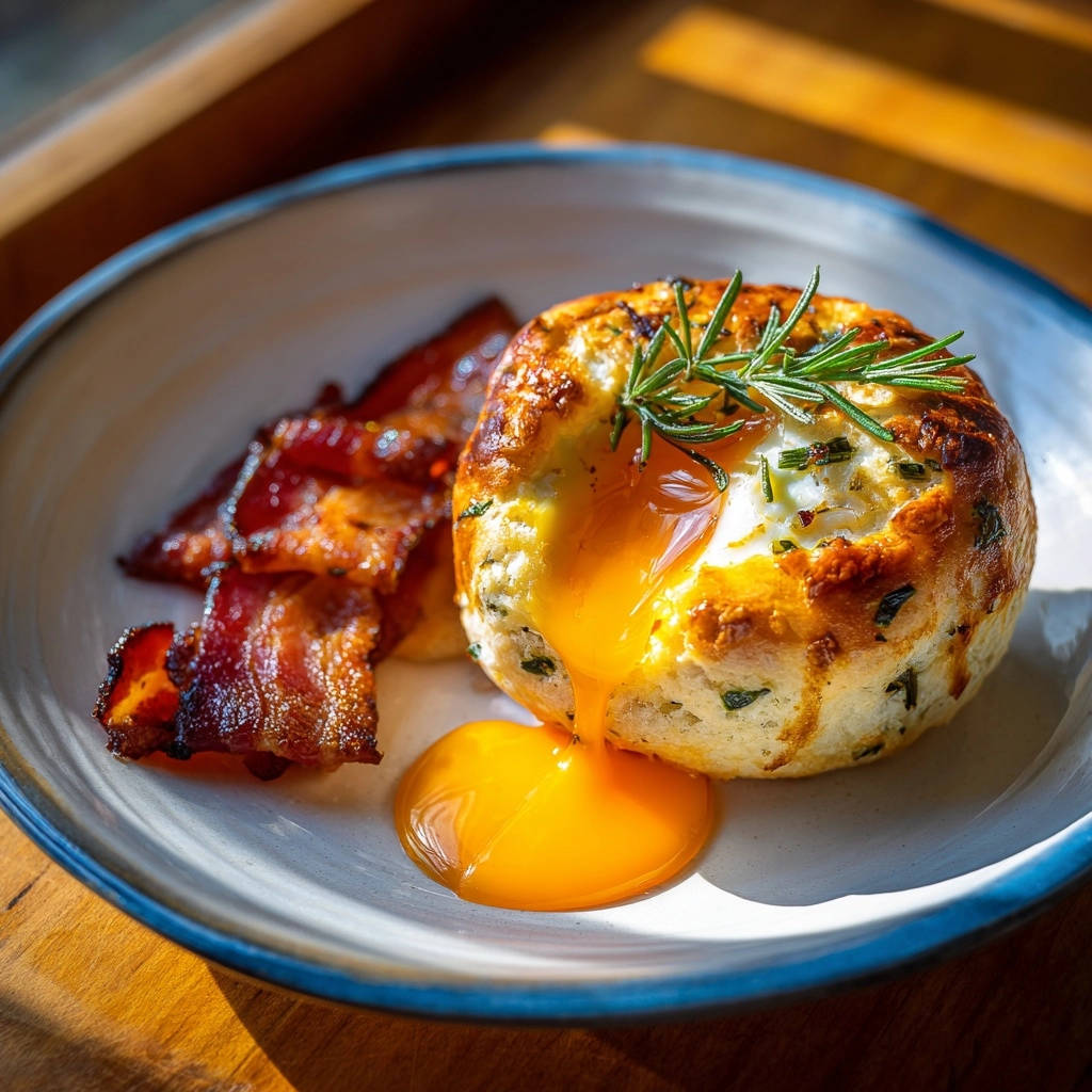 Herzhaftes Eier-Küchlein mit knusprigem Bacon, bei dem flüssiges Eigelb aus dem Inneren fließt, garniert mit Rosmarin.