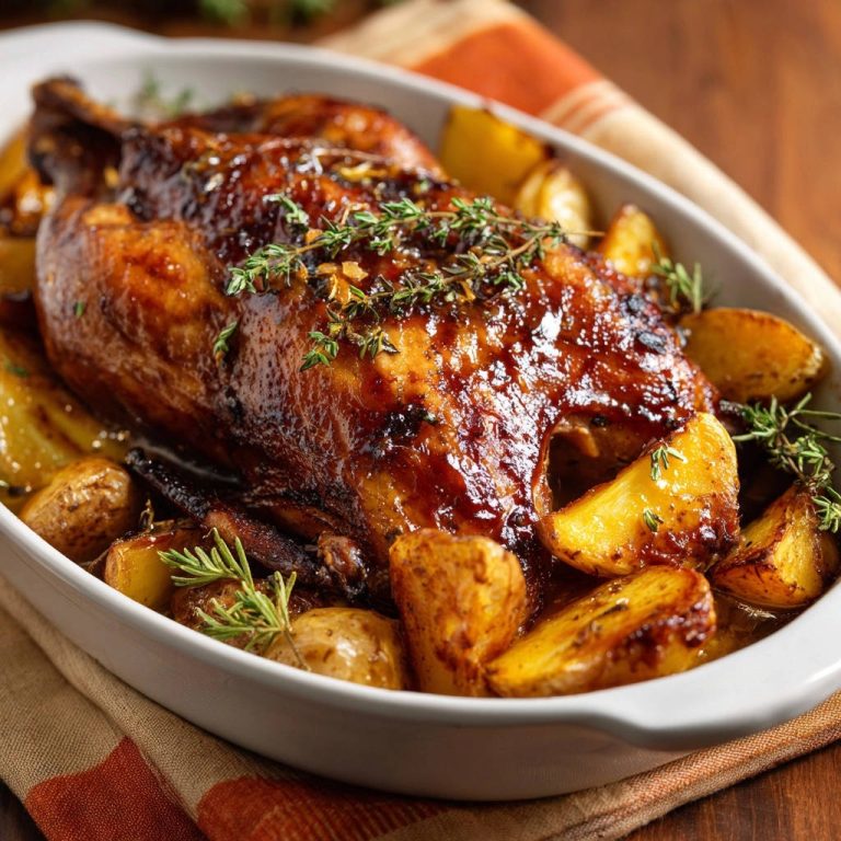 Saftiges Honig-Balsamico Brathähnchen mit Rosmarinkartoffeln, garniert mit frischen Kräutern und glänzender Glasur.