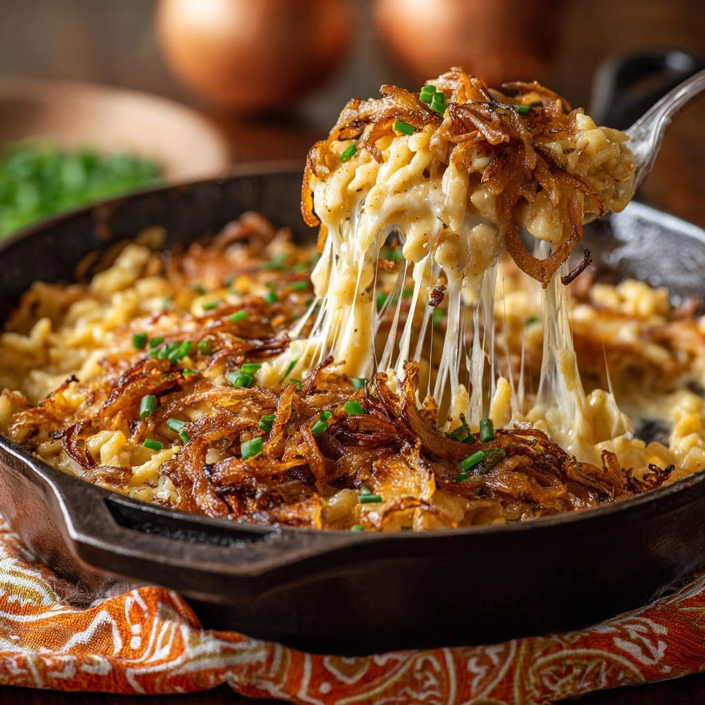Cremige Käsespätzle mit knusprigen Röstzwiebeln, die von einer Gabel mit langem Käsefaden hochgezogen werden.