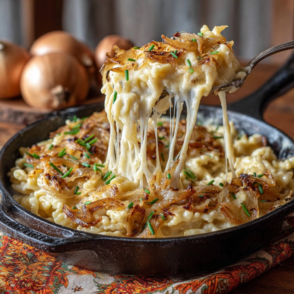 Kaesespaetzle Rostzwiebeln Naheaufnahme Kaesefaden 1 Cremige Käsespätzle mit knusprigen Röstzwiebeln, ein Löffel mit langen Käsefäden, die aus der Pfanne gezogen werden.