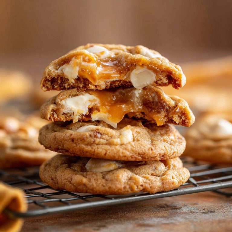 Karamell-Weiße Schokolade Cookies mit flüssigem Kern, angeschnitten auf einem Gitterrost, nahaufnahme