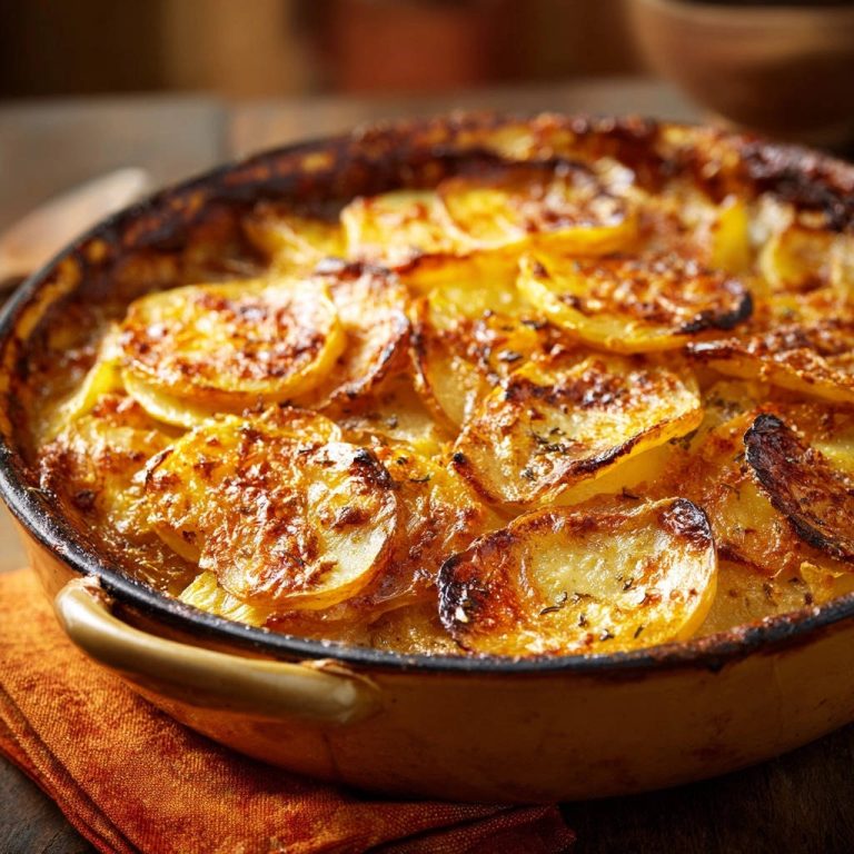 Kartoffelgratin Deluxe mit einer goldbraunen, knusprigen Oberfläche, das in einer Auflaufform serviert wird.