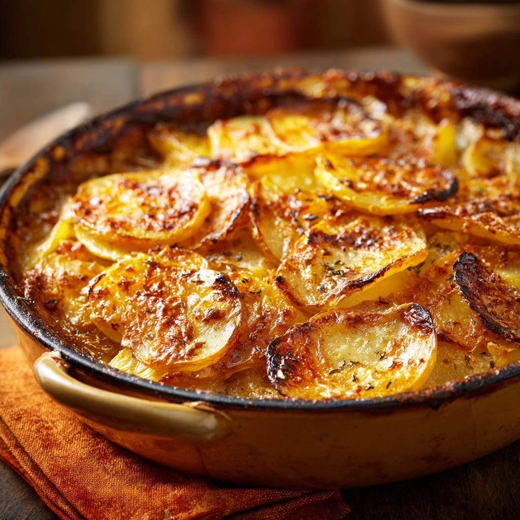 Kartoffelgratin Deluxe mit einer goldbraunen, knusprigen Oberfläche, das in einer Auflaufform serviert wird.