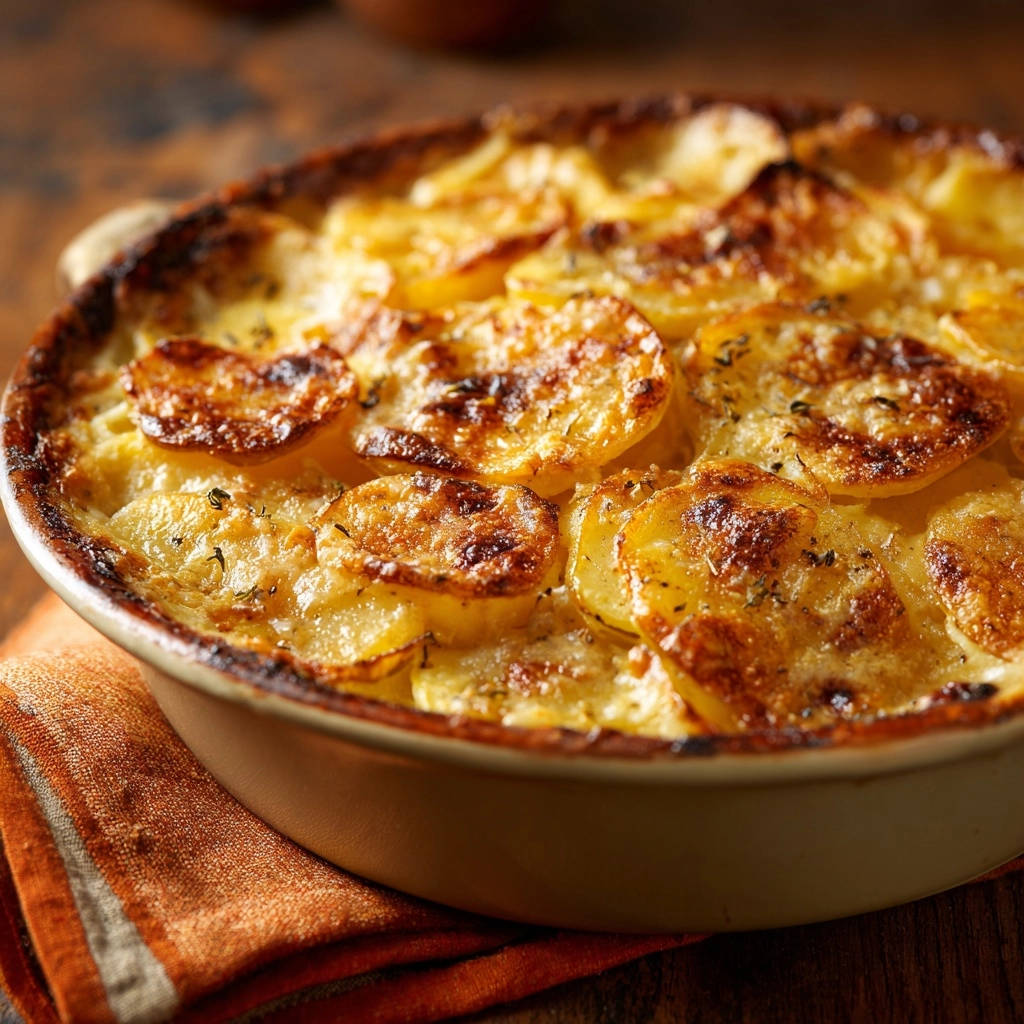 Kartoffelgratin Nahaufnahme Goldbraun 1 Kartoffelgratin Deluxe als Nahaufnahme von goldbraun gebackenen Kartoffelscheiben mit Kräutern in einer Auflaufform.