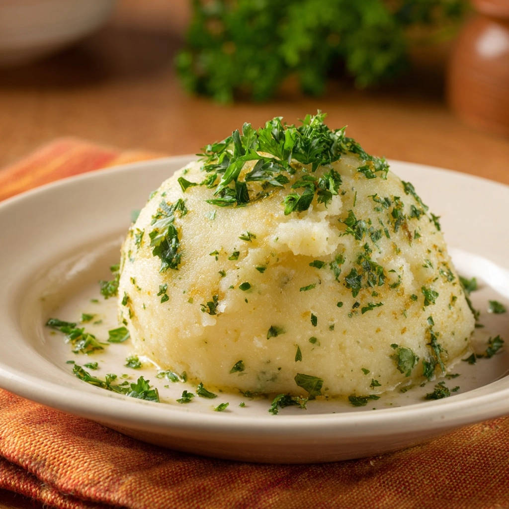 Kartoffelkndel Garniert Mit Kraeutern 1 Herzhafte Kartoffelknödel, garniert mit frischer Petersilie und Butter, serviert auf einem Teller