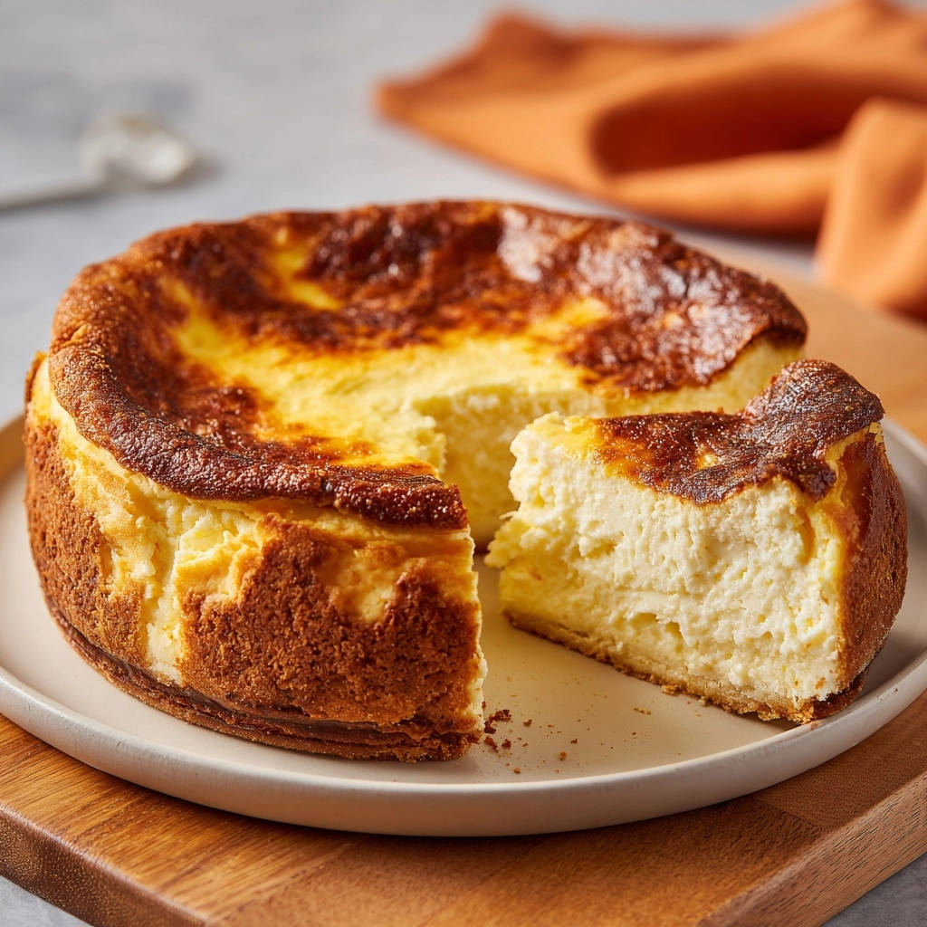 Käsekuchen im Basken-Stil angeschnitten mit cremiger Innenansicht auf einem Teller