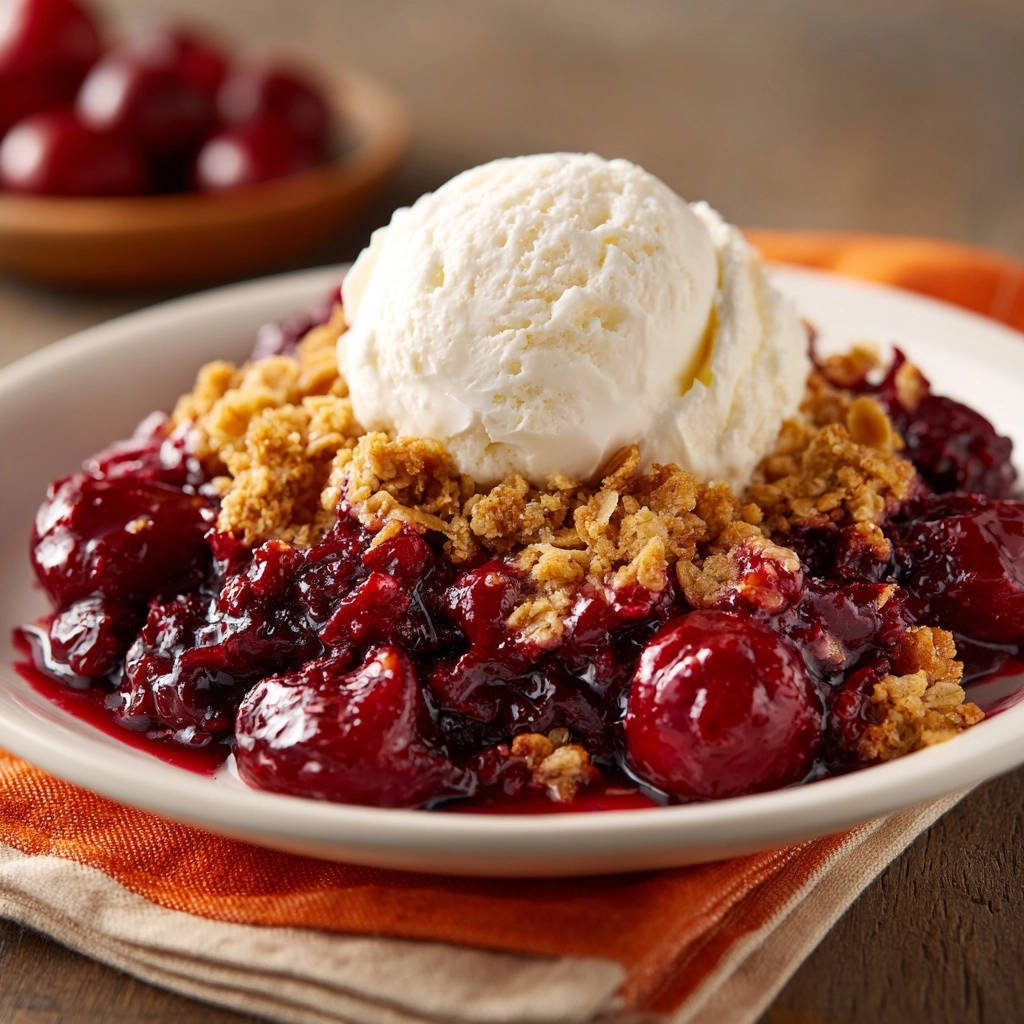 Kirsch-Streusel-Traum mit einer Kugel Vanilleeis und knusprigen Streuseln, serviert auf einem Teller.