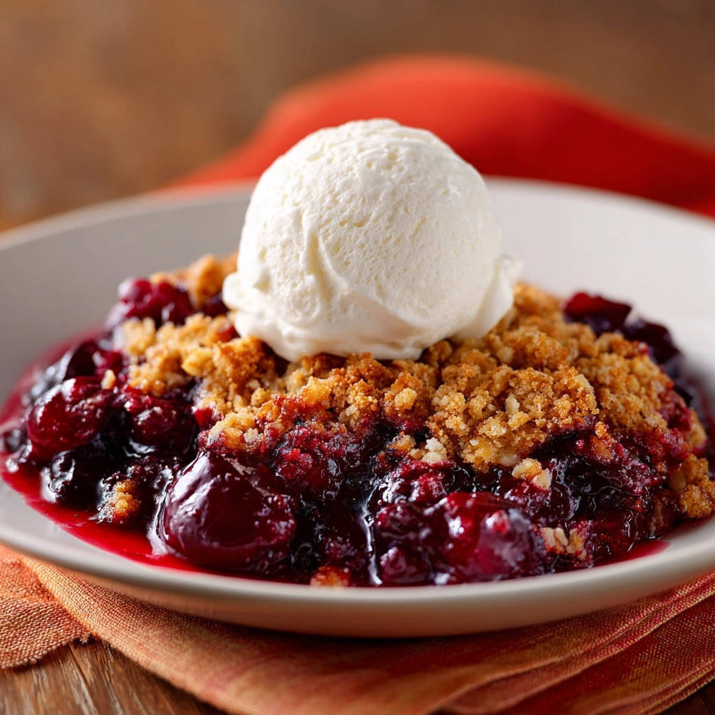 Kirsch-Streusel-Traum mit einer Kugel Vanilleeis, Nahaufnahme der Textur und des saftigen Kirschbelags.