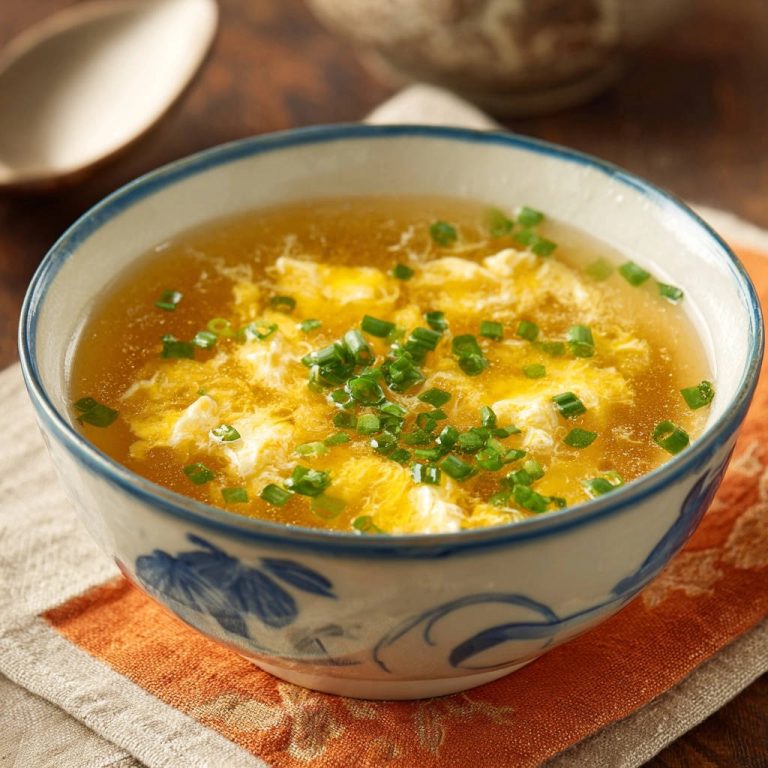 Klassische Eierflockensuppe, detailreich garniert mit frisch geschnittenem Schnittlauch auf einer eleganten Schüssel.