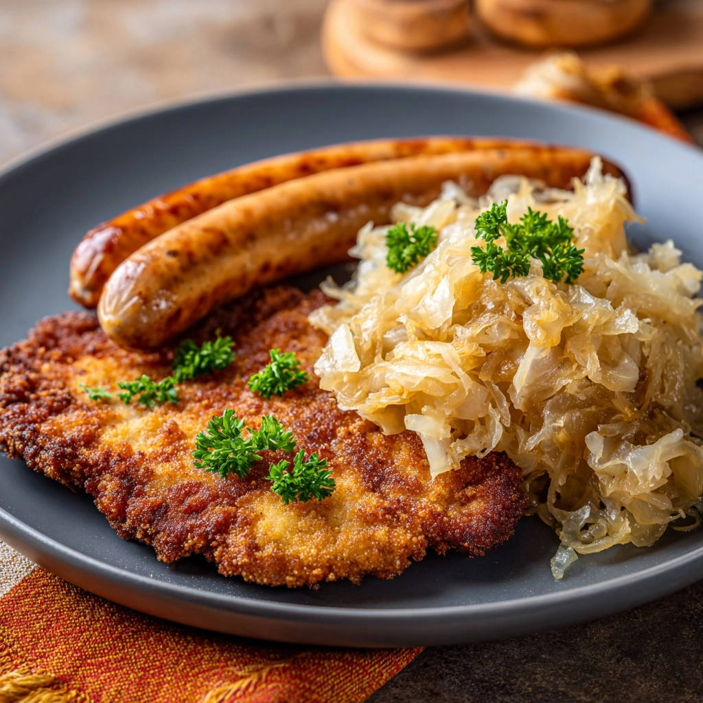 Klassische Schnitzel Platte Mit Bratwurst Und Sauerkraut Nah 1 Klassische Schnitzel-Platte mit Bratwurst und Sauerkraut, gezeigt als Nahaufnahme mit Petersiliengarnitur.