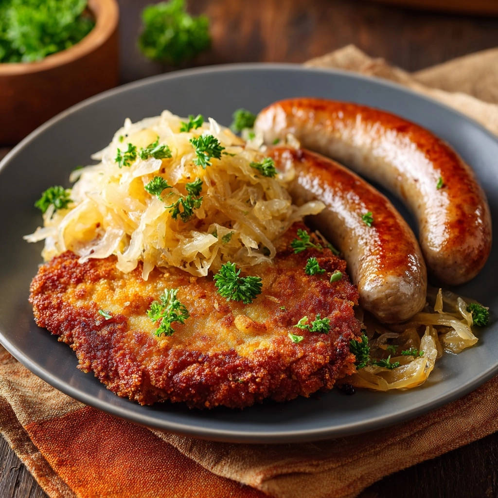 Klassische Schnitzel-Platte mit Bratwurst und Sauerkraut, serviert auf einem Teller mit einer Nahaufnahme der knusprigen Schnitzel und gebratenen Würsten.
