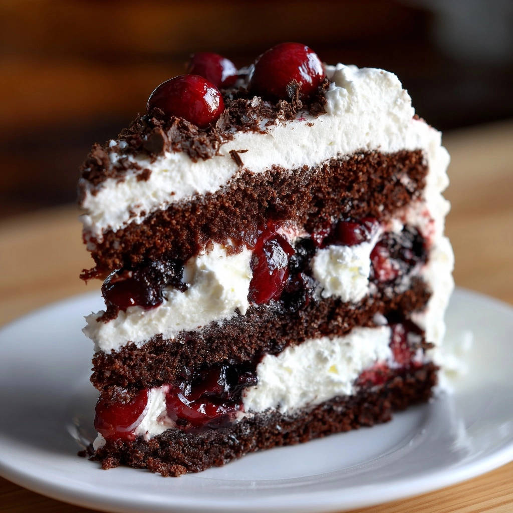 Klassische Schwarzwälder Kirschtorte als Anschnitt mit Kirschen und Sahne auf einem Teller