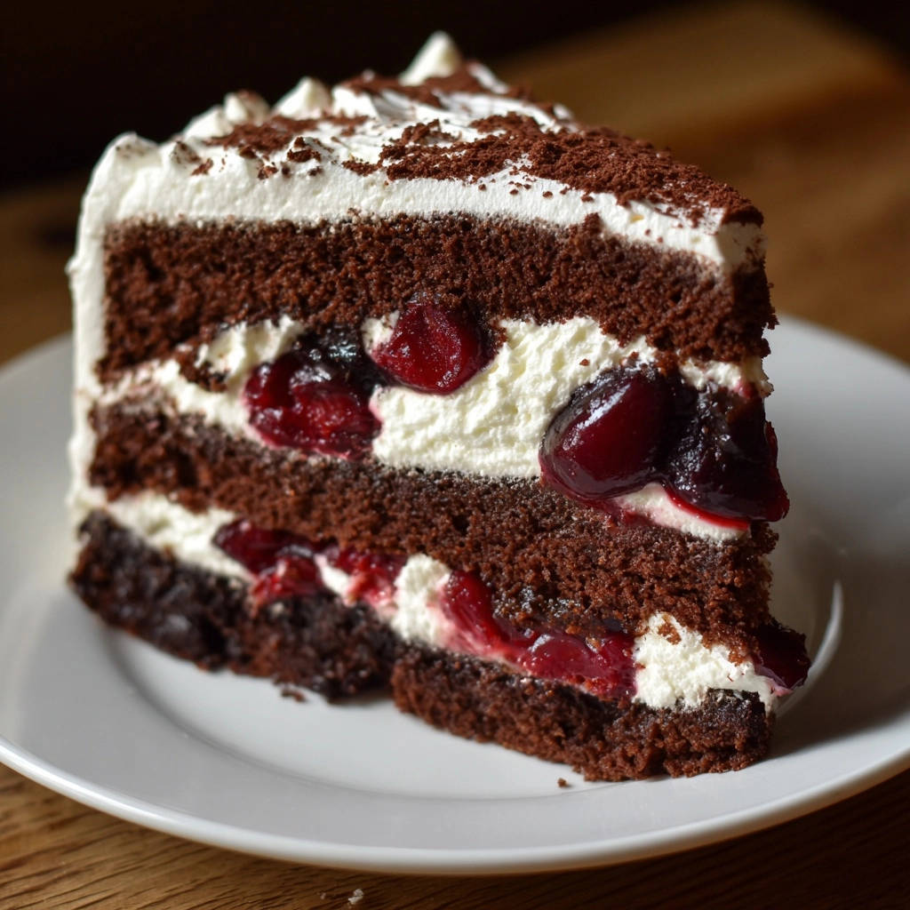 Klassische Schwarzwälder Kirschtorte als angeschnittene Portion mit sahniger Füllung und Kirschen auf einem Teller.