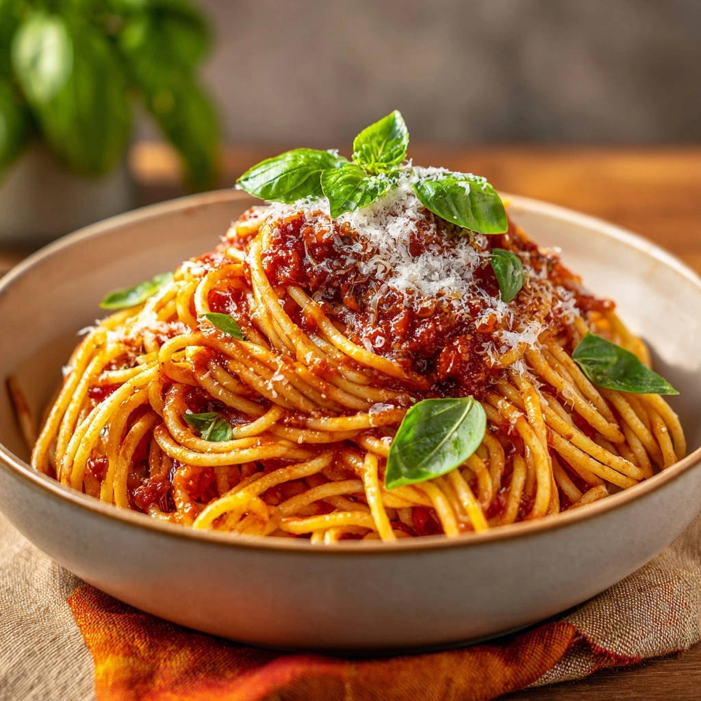 Klassische Spaghetti mit Tomaten-Basilikum-Soße, garniert mit frischen Basilikumblättern und geriebenem Parmesan.