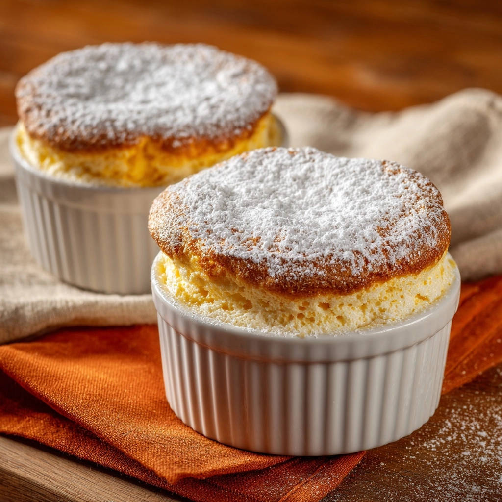 Klassische Vanille Souffles Puderzucker Bestaeubt 1 Klassische Vanille-Soufflés, frisch gebacken und mit Puderzucker bestäubt, in weißen Förmchen serviert.