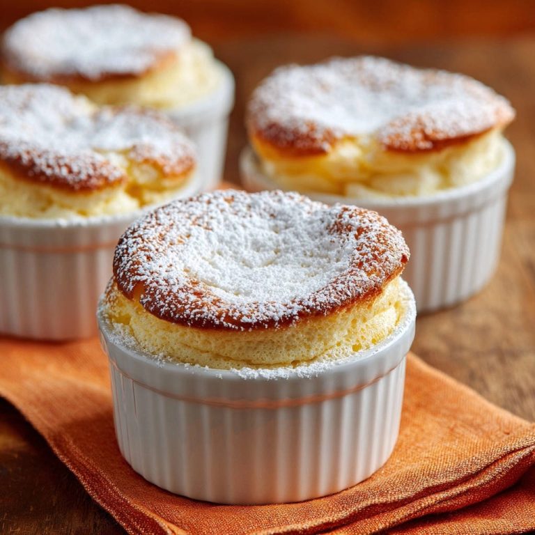 Klassische Vanille-Soufflés, frisch gebacken und mit Puderzucker bestäubt, in weißen Förmchen auf einem orangefarbenen Tuch serviert.