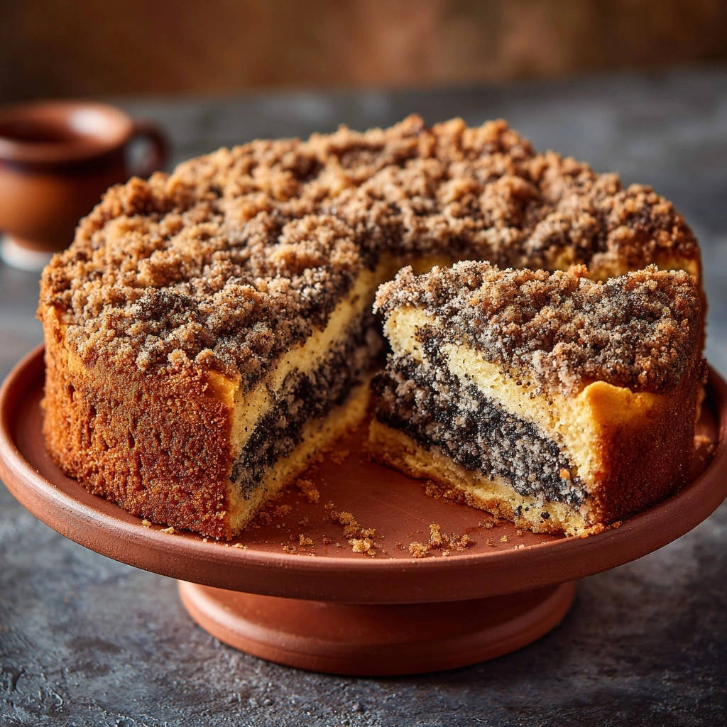 Klassischer Mohn-Streuselkuchen angeschnitten, zeigt die saftige Mohnfüllung und knusprige Streusel.